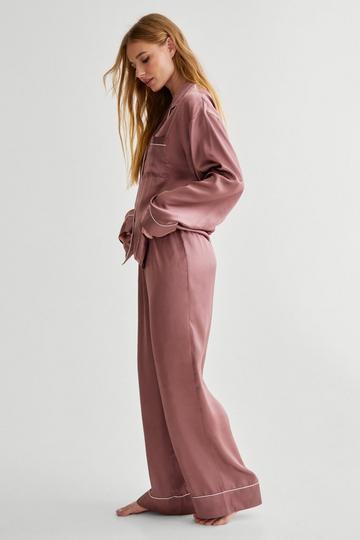 Satin Contrast Pipping Long Sleeve Shirt And Trouser Pajama Set chocolate