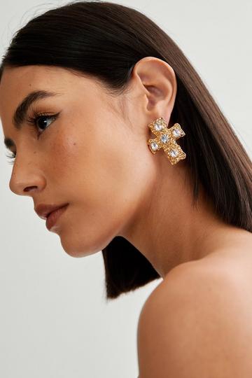 Embellished Textured Cross Earring gold