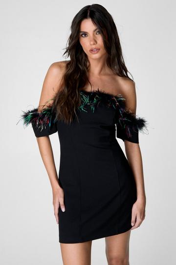 Feather Trim Tailored Bardot Dress black