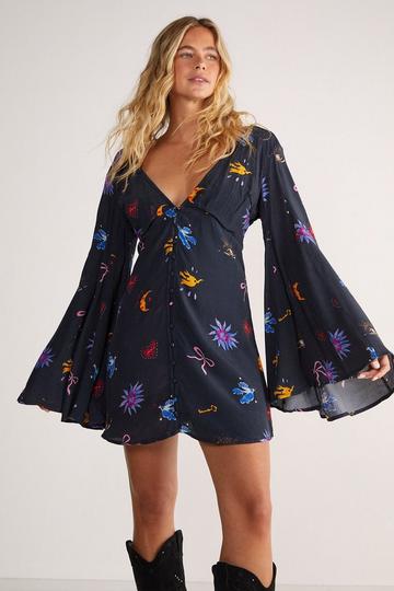 Black Conversational Extreme Sleeve Button Down Mini Dress