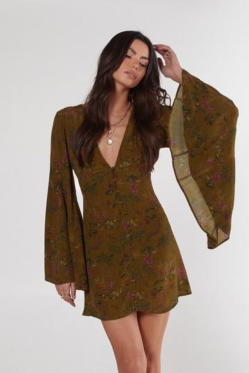 Floral Print Extreme Sleeve Button Down Mini Dress khaki