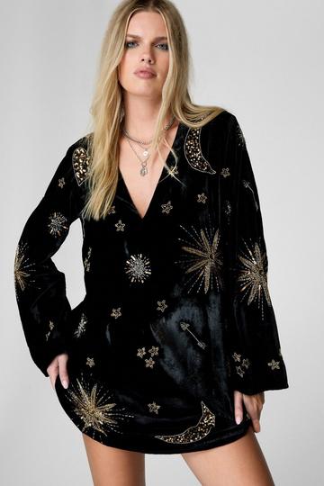 Velvet Celestial Tattoo Embellished Plunge Tunic Mini Dress black