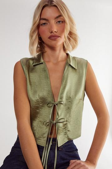 Textured Satin Tie Front Collared Top sage