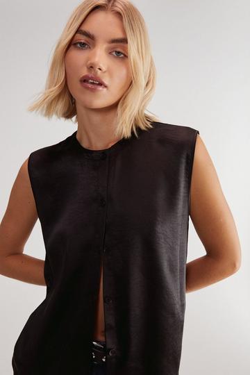 Textured Satin Button Through Collarless Vest black