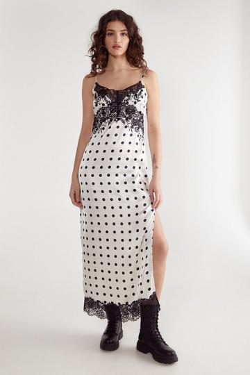 Satin Polka Dot Lace Trim Maxi Dress mono