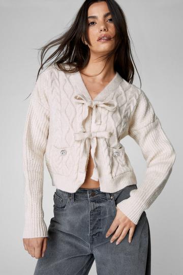 Tie Front Cable Knit Cardigan stone