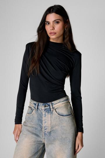 Black Long Sleeved Ruched Bodysuit