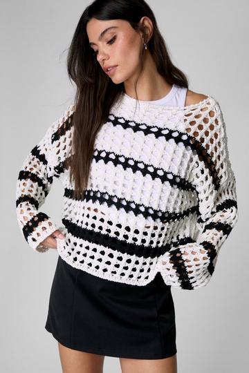 Knitted Crochet Stripe Sweater white