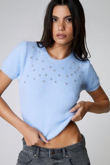 Fleece Embellished Crop Knitted Top blue