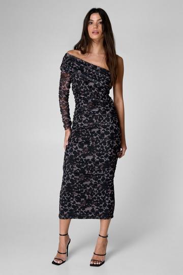 One Shoulder Leopard Ruched Maxi Dress leopard