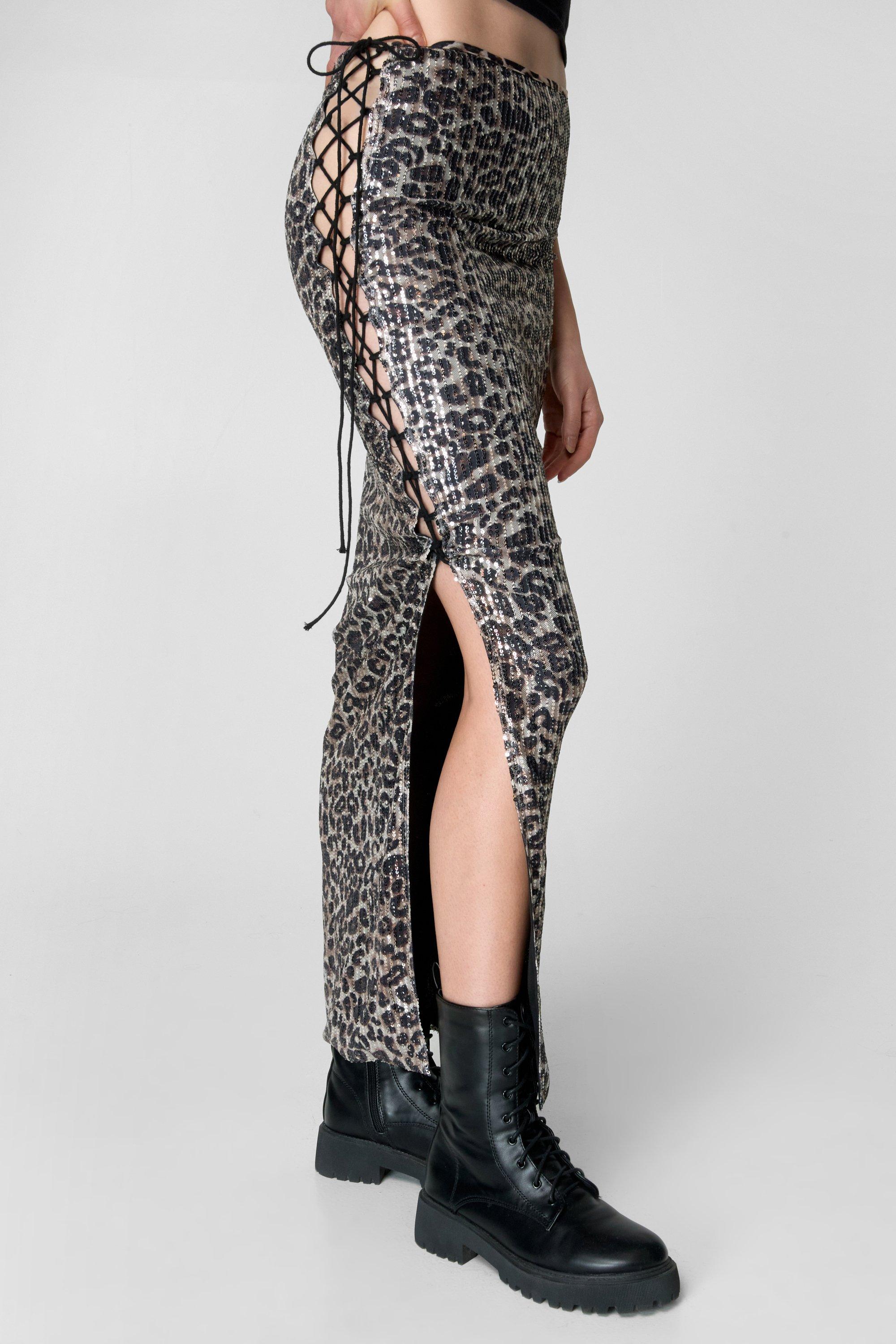 Nasty Gal Womens Leopard Sequin Lace Cut Out Maxi Skirt Xs