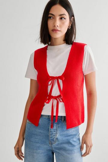 Red Knitted Tie Front Vest