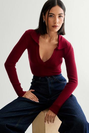 Collared Ribbed Knitted Top burgundy