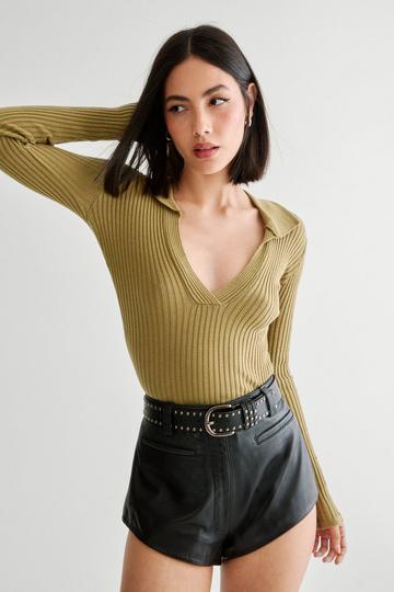 Collared Ribbed Knitted Top khaki