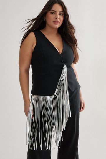 Plus Tailored Fringe Trim Waistcoat black