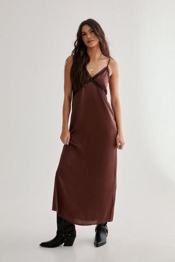 Satin Ribbon Lace Trim Maxi Slip Dress chocolate