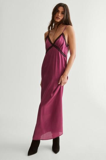 Satin Ribbon Lace Trim Maxi Slip Dress wine