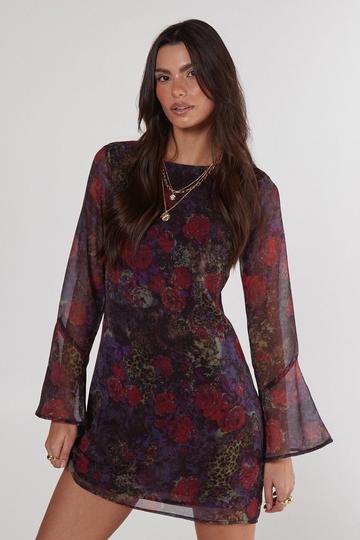 Floral Animal Chiffon Fluted Sleeve Tunic Dress animal