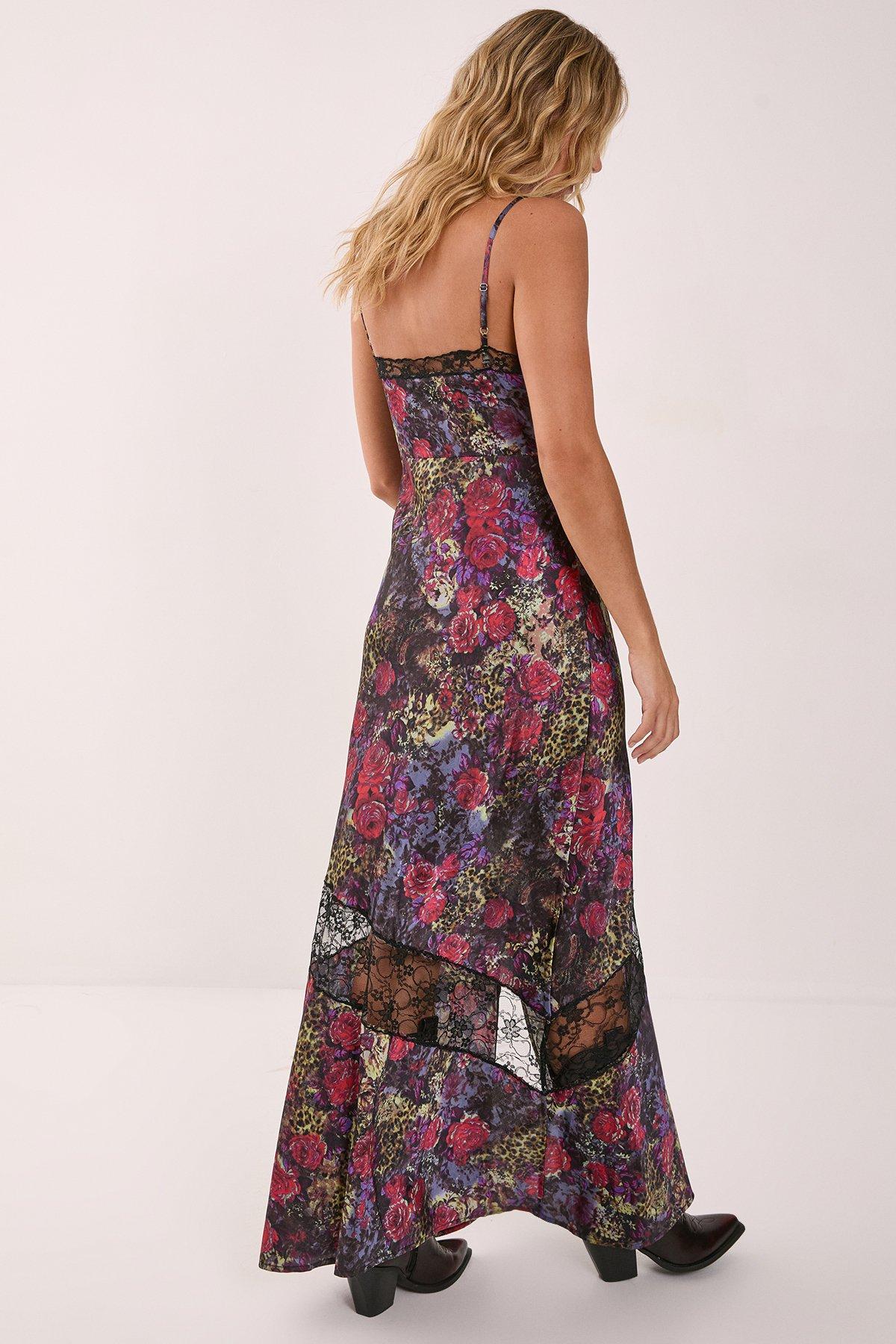 Satin Animal Floral Cutwork Lace Maxi Slip Dress