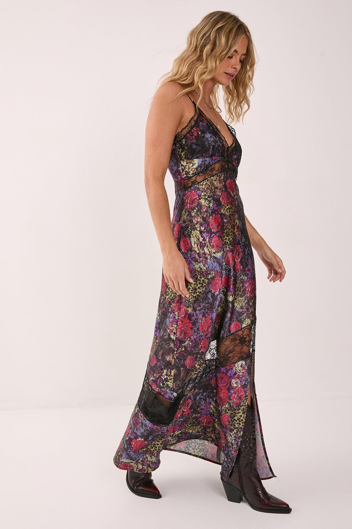 Satin Animal Floral Cutwork Lace Maxi Slip Dress