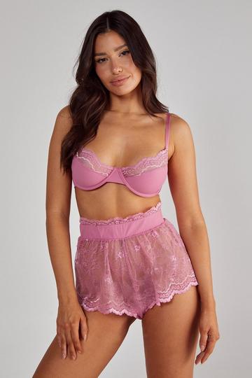 Lace Underwire bra and Short Set pink