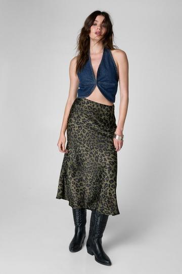 Green Leopard Satin Maxi Skirt