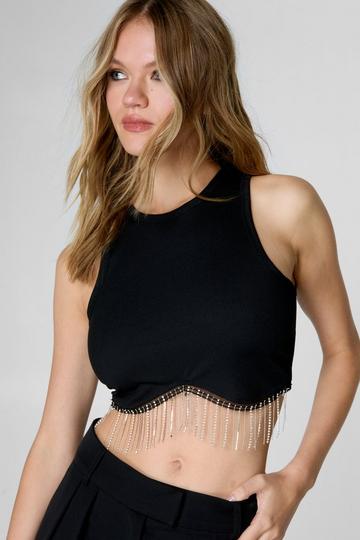 Ribbed Diamante Tassel Tank Top black