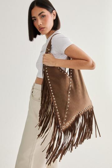 Faux Suede Studded Fringe Day Bag brown