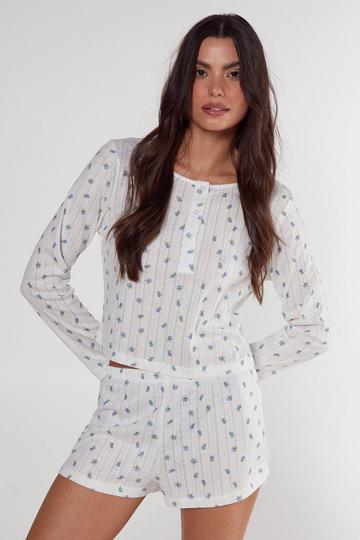 Pointelle Ditsy Floral Long Sleeve Top and Short Pajama Set white