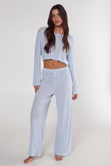 Blue Pointelle Long Sleeve Cropped Top And Trouser Pajama Set