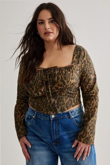 Plus Leopard Long Sleeve Lace Up Back Corset Top brown