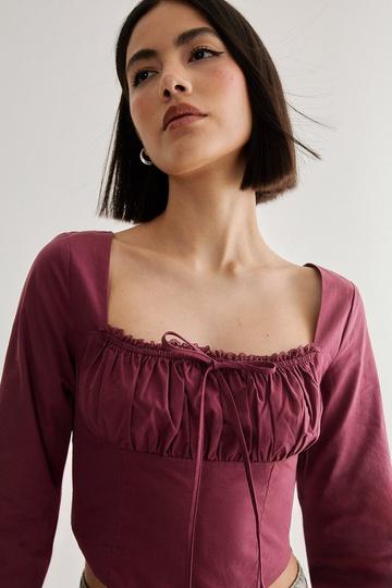 Cotton Lace Trim Lace Up Back Long Sleeve Corset Top wine