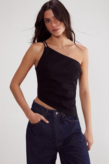 Cotton Twill Asym Neck Tailored Top black