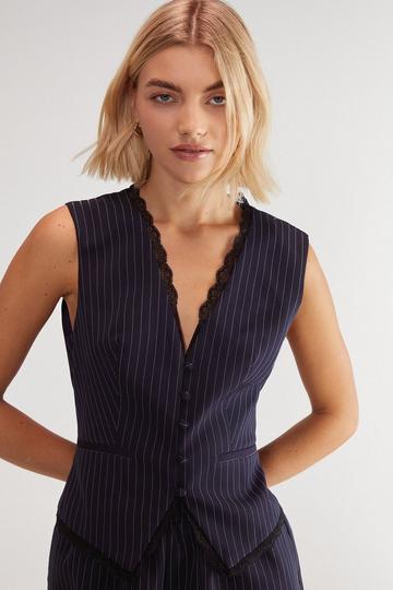 Lace Hem Pinstripe Tailored Vest navy