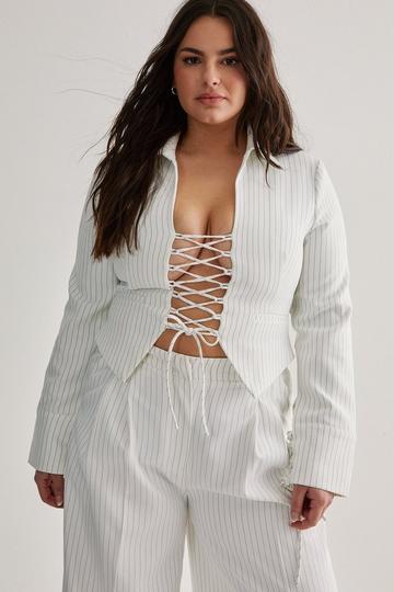 Plus Tailored Lace Front Pinstripe Jacket ivory