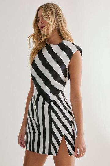 Abstract Stripe Structured Satin Shoulder Pad Split Mini Dress mono