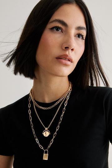 Fuck Off Layered And Lock Trim Necklace gold