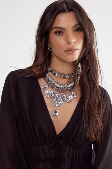 Premium Diamante Layered Chain Drop Necklace silver