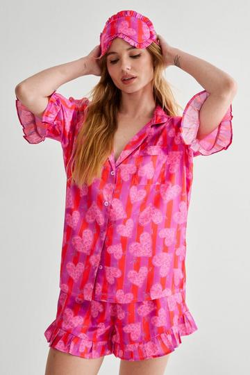 Stripe Heart Ruffle Shirt, Short And Eyemask 3pc Pajama Set pink