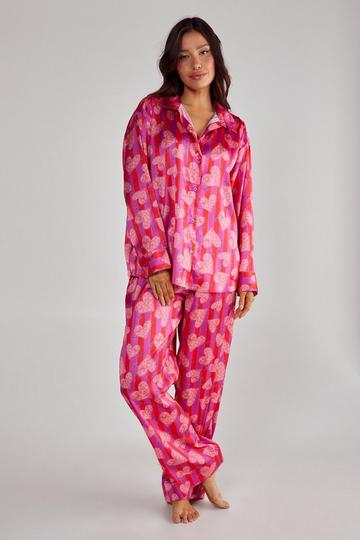 Stripe Heart Oversized Shirt Pajama Pants Set pink