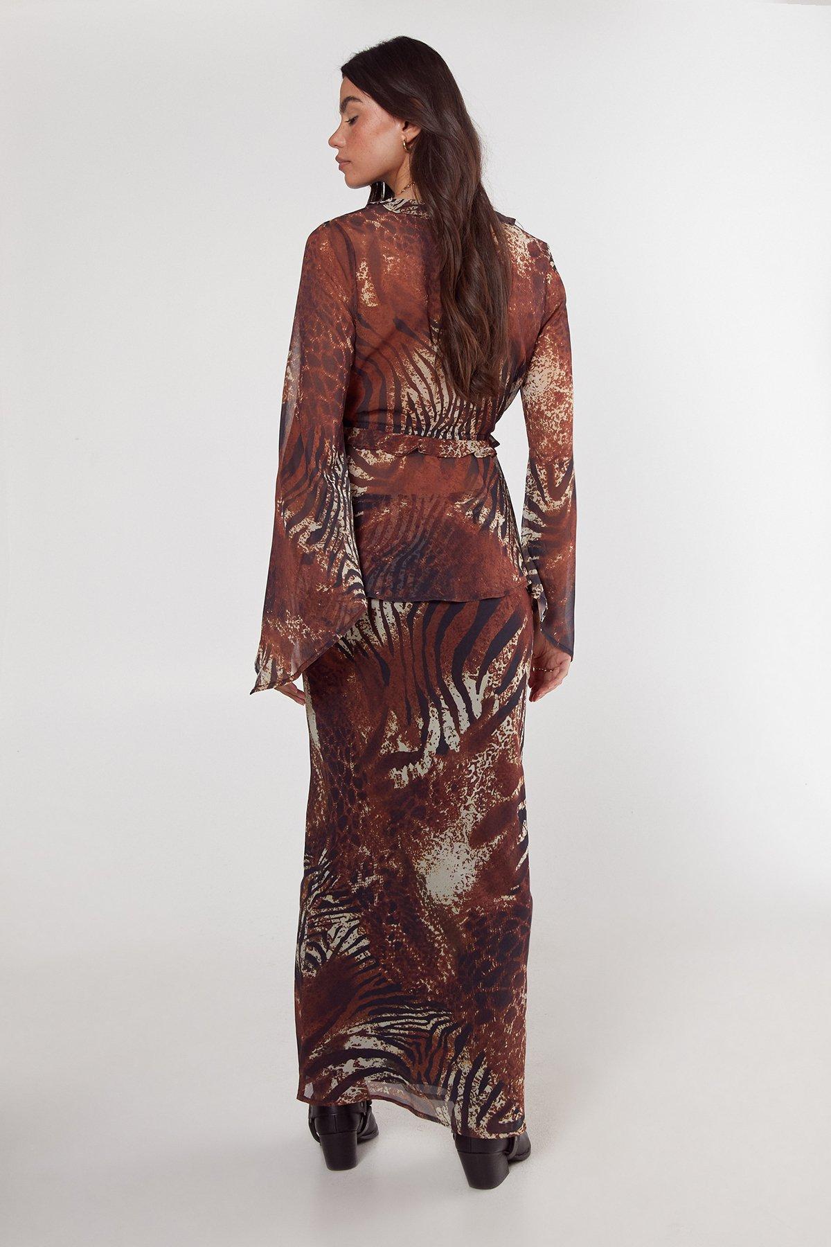 Mixed Animal Crinkle Chiffon Bias Cut Maxi Skirt