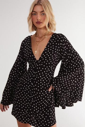 Polka Dot Button Down Extreme Flared Sleeve Mini Dress mono