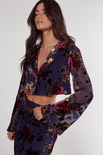 Blue Floral Devore Cropped Shirt