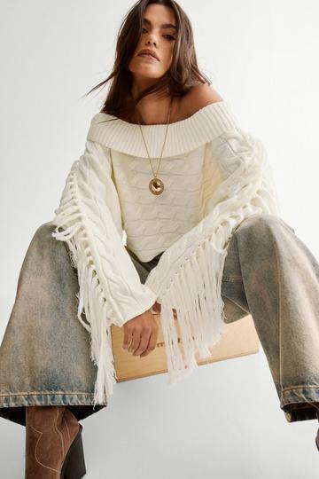 Off Shoulder Cable Fringed Sweater cream