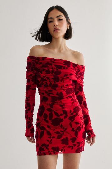 Red Floral Devore Ruched Mini Dress