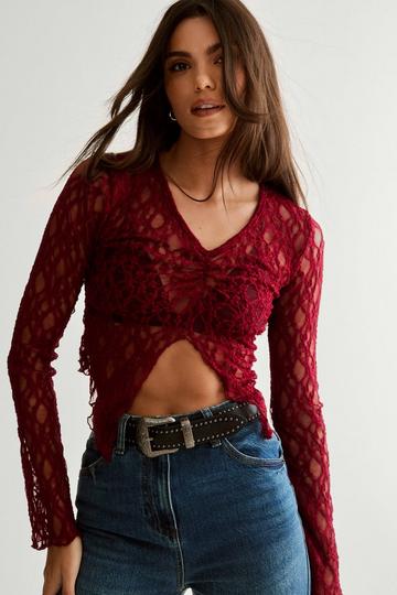 Sheer Lace Long Sleeved Top burgundy