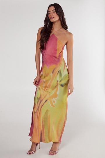 Satin Floral Ombre Halter Neck Cowl Back Maxi Dress lime