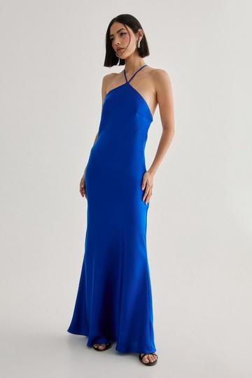 Satin Halter Neck Cowl Back Maxi Dress cobalt