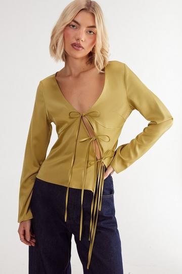 Satin Asymmetric Tie Long Sleeve Top lime