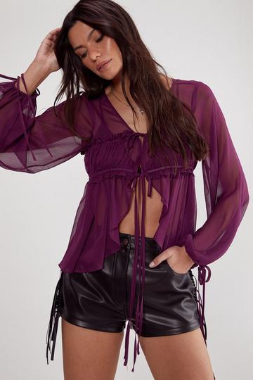 Chiffon Ruched Tie Front Balloon Sleeve Top purple